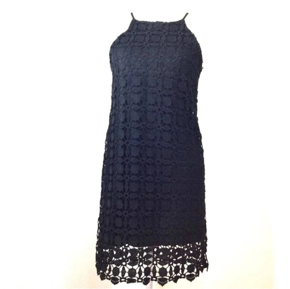Monteau lace crochet navy halter dress size medium.  Lined underneath. - Picture 1 of 9